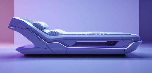 Wall Mural - Illustrate a high-tech laboratory bed with a minimalist design, set against a soft violet background. The bed stands alone, emphasizing its advanced technology, with no human presence