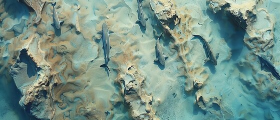 Wall Mural - Aerial View of a lone Lemon Shark hunting in the shallow waters of a sand flat