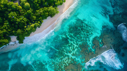 Wall Mural - An aerial view reveals a pristine beach with turquoise waters, surrounded by lush greenery.