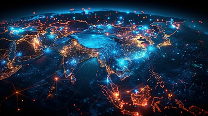 Wall Mural - Digital map of Asia, concept of global network and connectivity, data transfer and cyber technology, business exchange, information and telecommunication