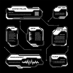Poster - White futuristic HUD, UI elements. Sci-fi user interface text boxes, callouts. Warning message frames, information boxes template. Modern game interface layout in digital style. Vector illustration