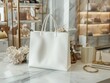 The white blank tote bag mockup is in a luxurious room with luxurious decorations behind the tote bag, a luxurious room full of bags, and a room full of marble. Created with Generative AI.