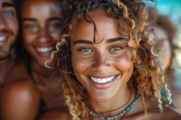 Energetic and happy woman with curly hair and friends enjoying a day at the beach with smiles