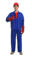 Wall Mural - Young man wearing safety equipment and showing thumbs up on white background