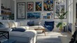 Living room furnished with a white sofa and blue armchair, adorned with captivating posters on the walls
