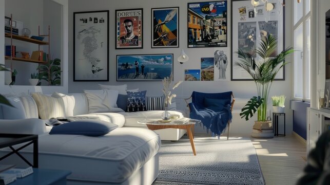 living room furnished with a white sofa and blue armchair, adorned with captivating posters on the w