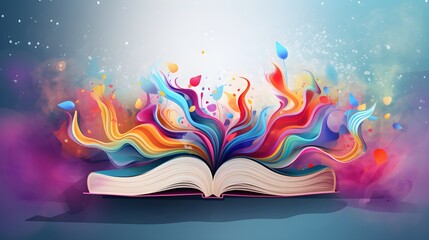Open book sitting on top of table next to rainbow light generative ai
