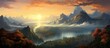 A detailed painting depicting a mountain landscape at sunset. The sun is setting behind the rugged peaks, casting warm colors across the sky. The scene captures the beauty of nature as day transitions