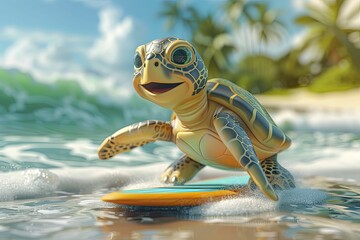 Playful 3D turtle with a surfboard on a tropical beach background, catching waves