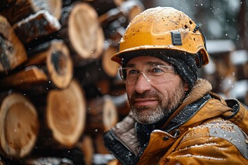 A rugged male lumberjack wearing a yellow helmet and glasses, with snow-covered logs in the background