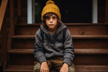 Portrait Of Sad Boy In Winter Clothes Sitting On Wooden Stairs Outdoors