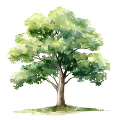 watercolor illustration of a realistic green oak tree