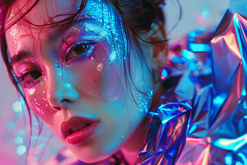 Wall Mural - Close fashion portrait of asian beauty woman with beautiful colorful makeup wearing colorful jacket. Close up view looking into the camera
