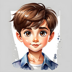 Wall Mural - Brown Bliss: Watercolor Portraits of a Cute Boy Character with Brown Hair in Various Outfits(Generative AI)