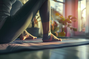 Wall Mural - Women dressed in costume exercising on the mat at home, selective focus on legs. Theme of a healthy lifestyle and maintaining a beautiful figure at home. Woman exercising at home
