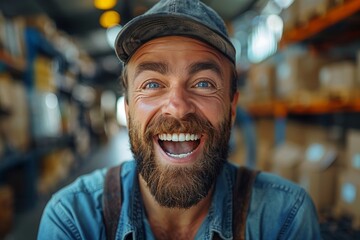 Wall Mural - A bearded man in a denim shirt and cap smiles brightly in a warehouse background