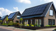 Solar energy, A family house building with solar panels on the roof in a residential area. blue sky and during the Spring season,  a dutch house with brick wall and roof tiles