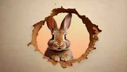 Wall Mural - Easter bunny poster peeking out of a hole in the wall with copy space, rabbit jumps out of a torn hole created with generative ai.