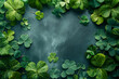 Clover Leaf Frame on Dark Blue Background, St. Patricks Day Concept, Top View.