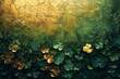 Golden and green Shamrocks on Festive Green Background. St. Patricks Day concept