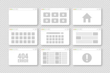 Fototapete - Web browser window, pages layout with toolbar and search field. Modern website, internet page in flat style. Browser mockup for computer, tablet and smartphone. Adaptive UI. Vector illustration