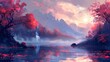The sun rises over a mystical lake surrounded by autumn trees with red foliage, creating a tranquil reflection amidst a soft, pink-hued sky. digital art style, illustration painting.