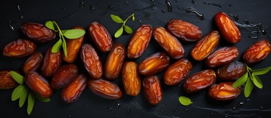 Wall Mural - A collection of almonds with green leaves scattered on a dark black background, creating a contrast in colors and textures. The nuts are piled together, showcasing their natural shapes and patterns.