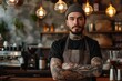 Confident tattooed barista standing in a rustic coffee shop, concept of modern entrepreneurship and alternative lifestyles