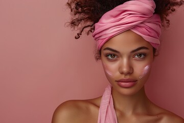 Wall Mural - Beautiful young afro american woman with pink headband and clean fresh skin, on beige, pink background with copy space, facial skin care.  Cosmetology, beauty, spa.  female cosmetics concept.