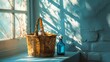A wicker basket overflowing with essential medicines rests on a crisp blue table. Sunlight streams through a window, casting a soft blue glow across the room