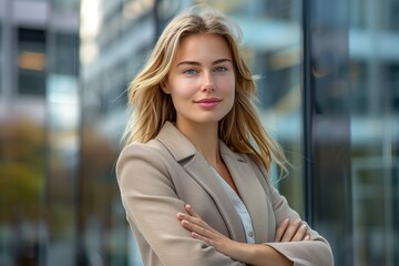 Wall Mural - beautiful business woman standing outside of building,    joyful and optimistic, collaborative