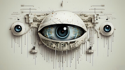 Poster - 
Abstract Technological Eye Artwork. This conceptual image merges technology with the human element, depicting an intricate mechanical eye, ideal for themes of surveillance, future tech, 