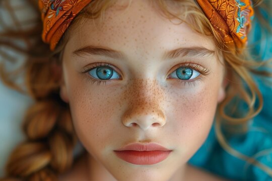Close-up portrait of a young girl with striking blue eyes and a vibrant headscarf