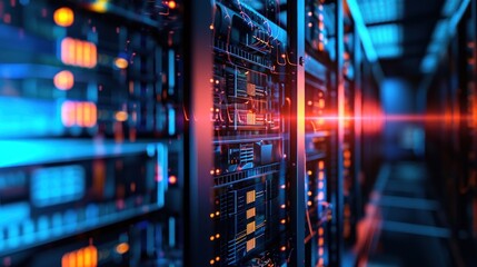 Poster - server room in data center full of telecommunication equipment, cloud computing technology concept.