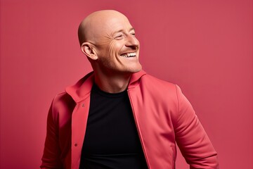 Wall Mural - Portrait of a happy mature man in a red jacket on a pink background.