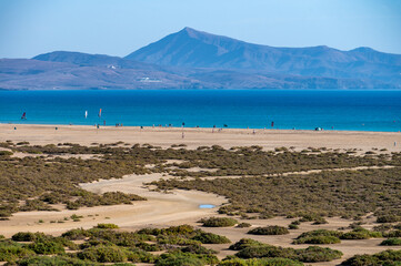 Sandy dunes and turquoise water of Sotavento beach, Costa Calma, Fuerteventura, Canary islands, Spain in winter