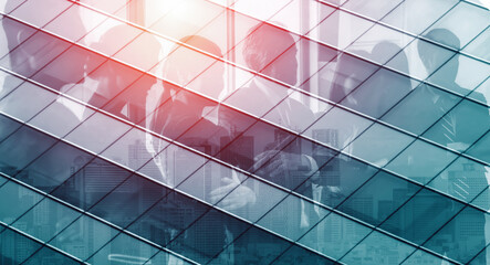 Wall Mural - double exposure image of faded business abstract background with office building and people conferen