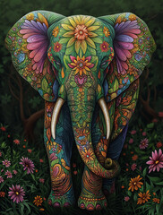 Wall Mural - Psychedelic Elephant Illustration with Floral Patterns