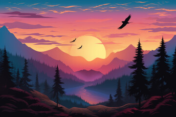 Poster - Beautiful forest on background of mountains and sunset