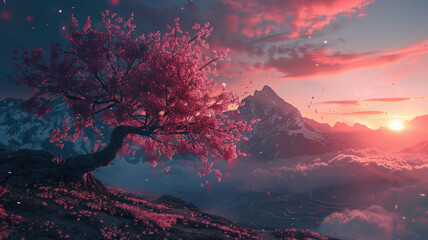 Wall Mural - Beautiful HD wallpaper of a pink tree in the mountains