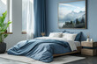Modern blue bedroom with modern furniture and wall art 