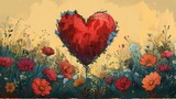 Fototapeta  - Watercolor illustration of red heart made of flowers. Heart shape of red petals.