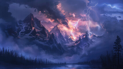 Wall Mural - Beautiful HD wallpaper of lightning over mountains