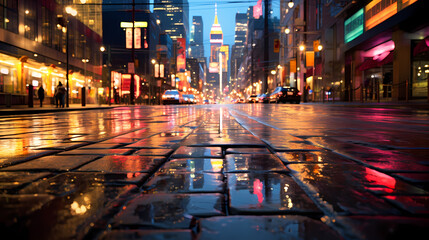 Wall Mural - Rainy city street at night, bokeh lights background