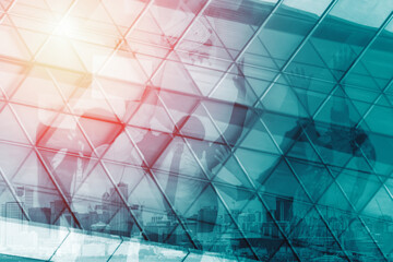 Wall Mural - double exposure image of faded business abstract background with office building and people conferen