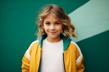 portrait of beautiful little girl in yellow jacket over green wall background