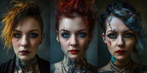 Canvas Print - Three women with tattoos on their faces. Generative AI.