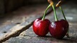 Two cherries on a wooden table. Generative AI.