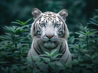 A white tiger with blue eyes in the middle of green plants. Generative AI.