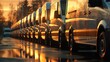 Reflective evening light on a fleet of transport vans lined up for logistics operations